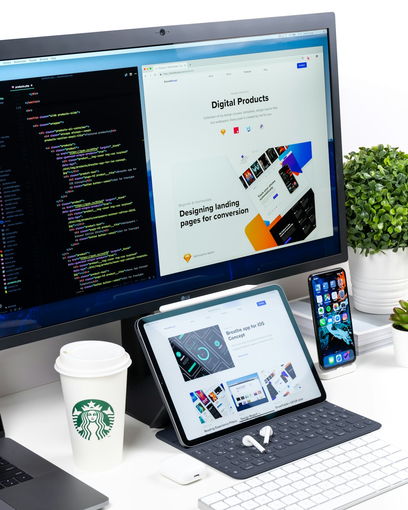 Digital product workspace with code, tablet, and mobile interface